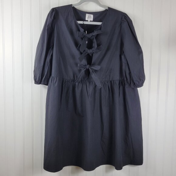 dRA Los Angeles Black Puff Sleeved Baby doll dress with front ties SZ Large - Picture 1 of 3